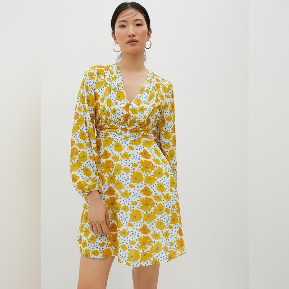 Vera for Anthropologie Buttercup Mini Dress Floral Yellow Blue Buttons Size XS